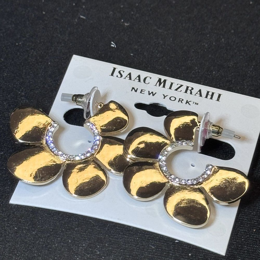 NWT Isaac Mizrahi Gold Tone Floral Flower Crystal Statement Drop Earrings 2"